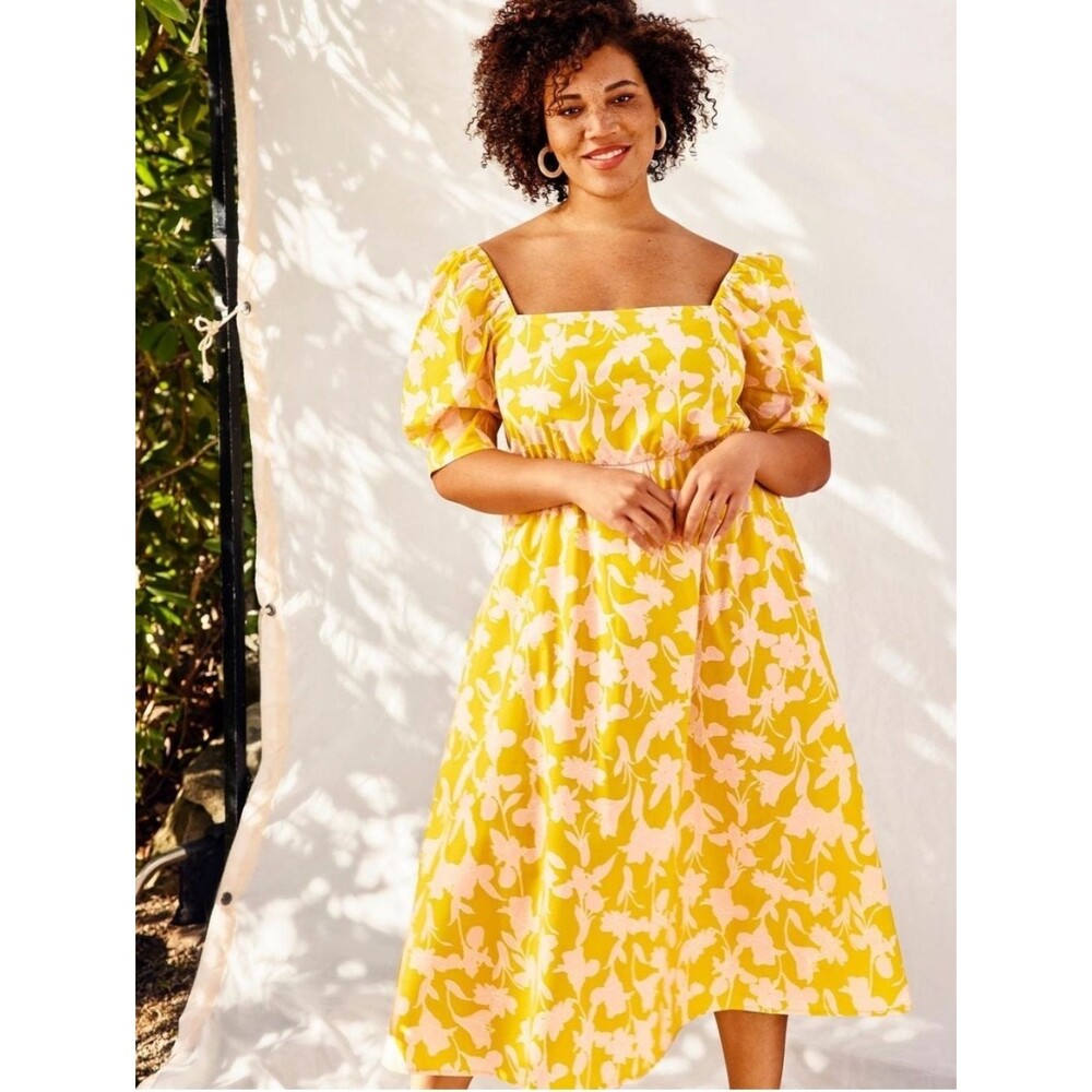Yellow & Light Pink Floral Puff Sleeve Dress Eloquii Elements NWT *Flaw 22